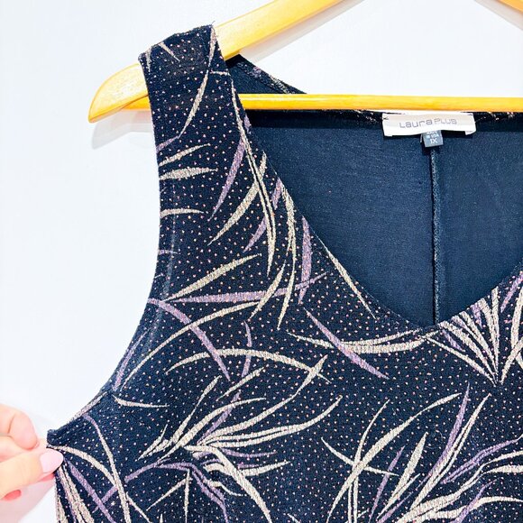 LAURA Black Purple Metallic Sleeveless Camisole Leaf Print Top | 1X * - Picture 2 of 6